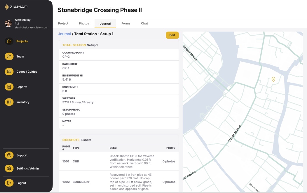 ZiaMap desktop app showing project journal with total station session, setup points, shot types, and field crew