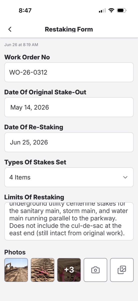 ZiaMap restaking form on mobile showing work order, dates, limits of restaking, and attached field photos