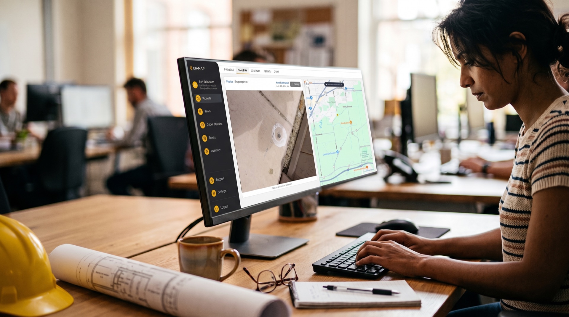 Engineer using ZiaMap project gallery on a desktop monitor in a civil engineering office