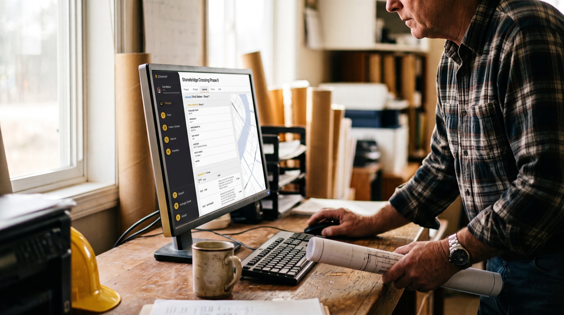 Surveyor reviewing a ZiaMap project journal on a desktop monitor in a field office