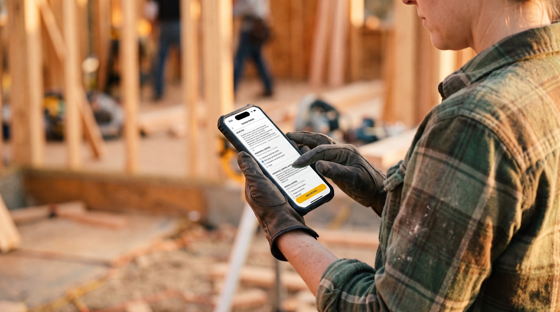 Construction worker using ZiaMap on a mobile phone at a framed building site