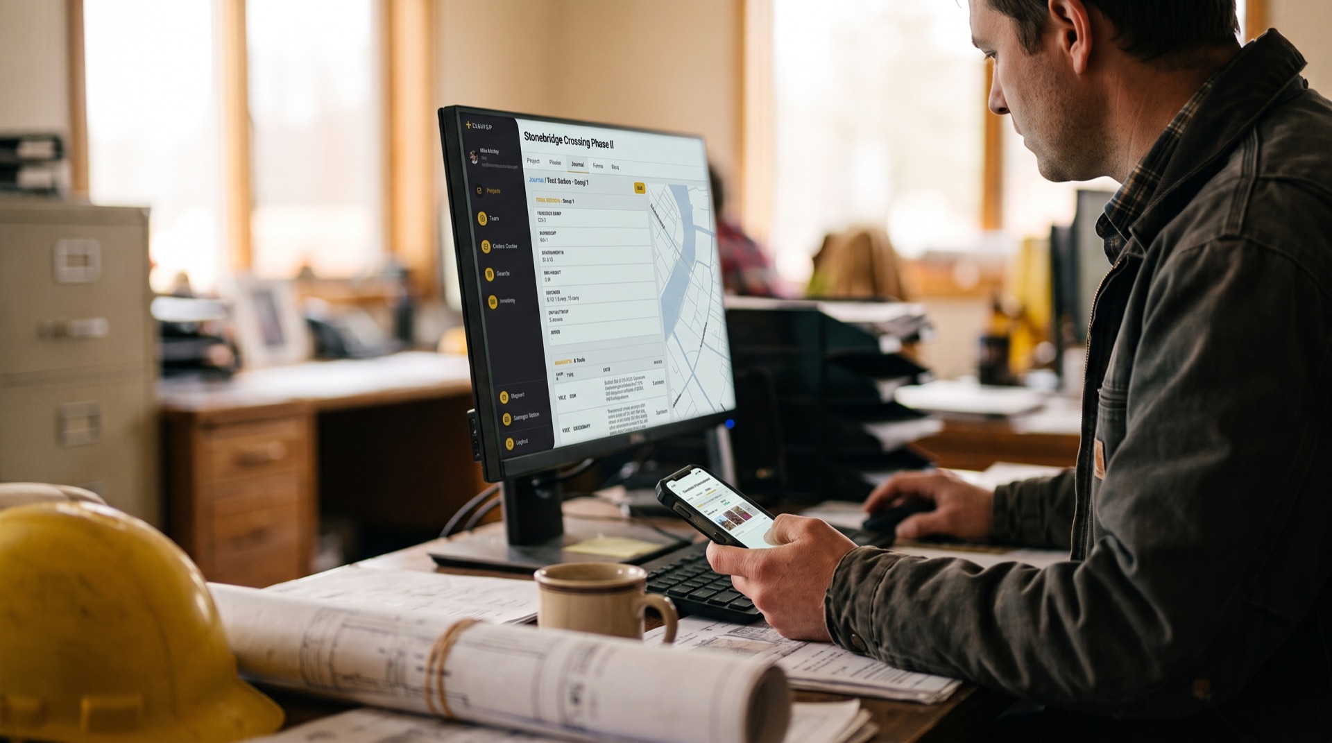 Surveyor at office desk using ZiaMap on desktop monitor while holding a phone showing the mobile app