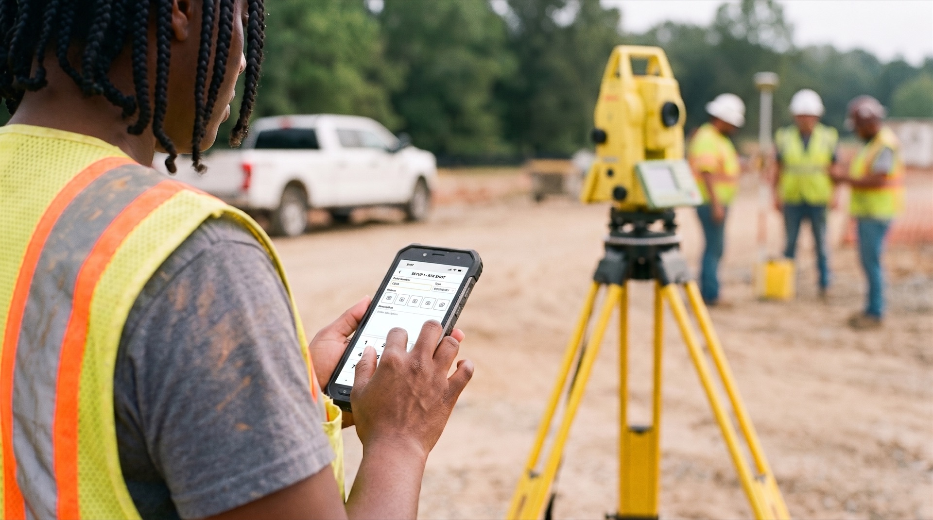 Field crew member using ZiaMap on a mobile phone at a survey site with a total station in the background