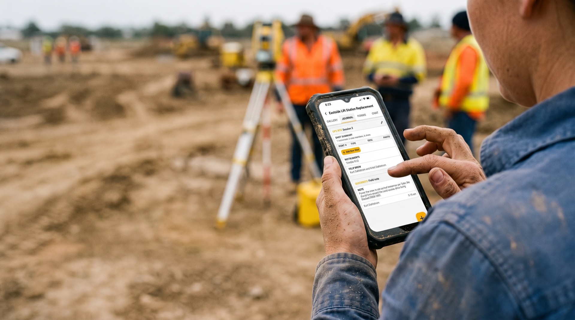 Surveyor using ZiaMap Field Journal on a phone at a job site with crew and total station in the background