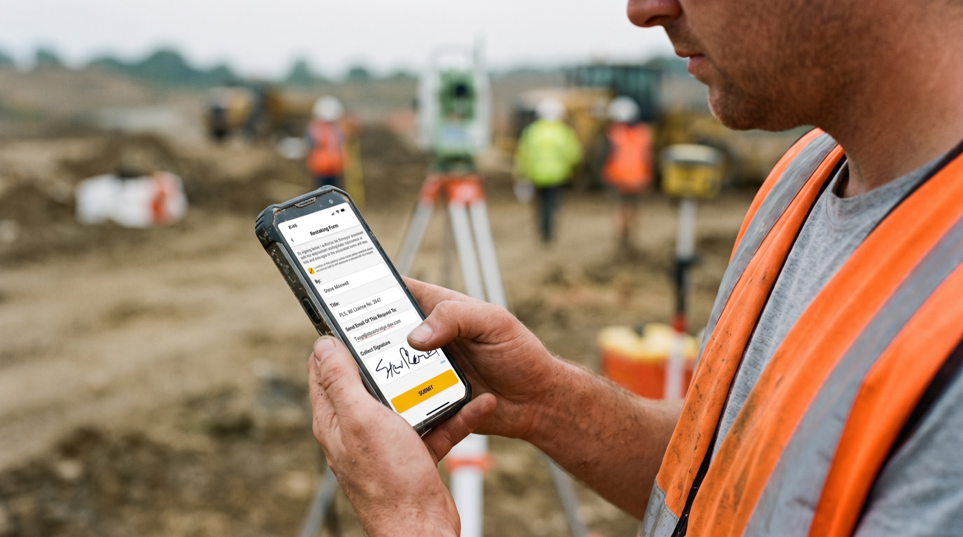 Surveyor in a high-visibility vest signing a ZiaMap restaking form on a mobile phone at a job site