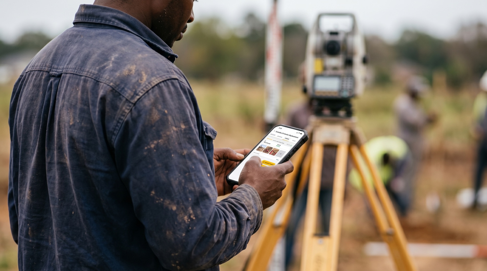 Surveyor using ZiaMap on a mobile phone at a job site with a total station and data collector visible