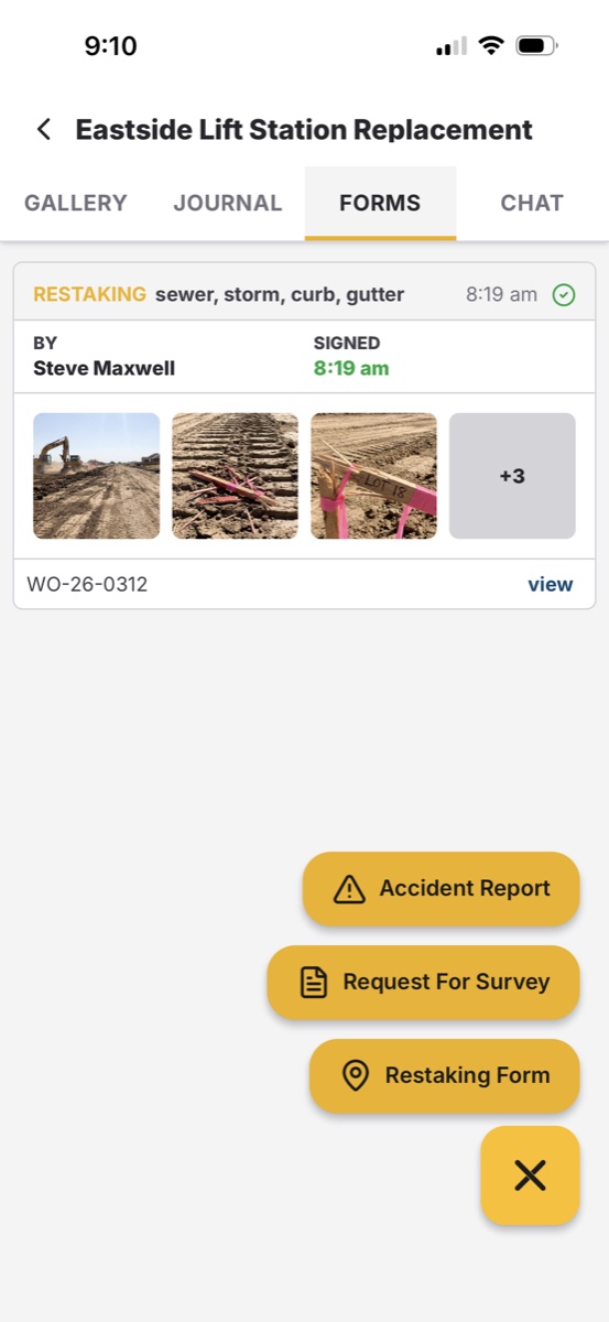 ZiaMap mobile forms tab showing a completed restaking work order with attached field photos and form options