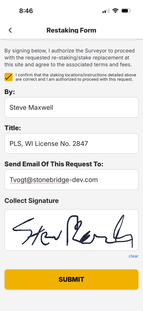 ZiaMap restaking form signature screen showing PLS license number, inspector authorization, and collected signature