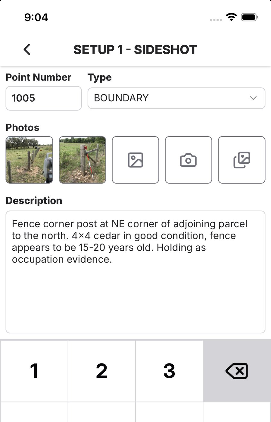 ZiaMap sideshot entry for Point 1005 boundary with field photos and field note